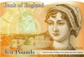 Jane Austen 10-pound banknote, with a pen portrait of Jane Austen on the front and the quote "I declare after all there is no enjoyment like reading."