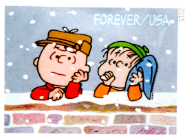 Charlie Brown Christmas stamp, with Charlie Brown and Linus (sucking thumb) leaning on a snowy wall